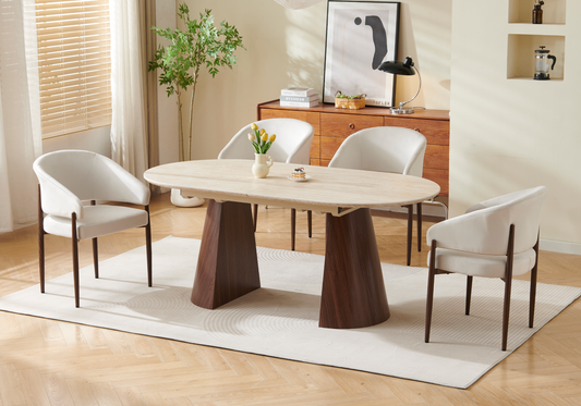 Ensemble table extensible travertin et chaises – Yumi