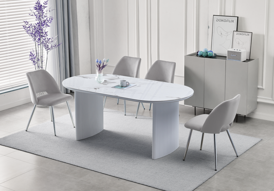 Ensemble table marbre beige et chaises argent – Kara