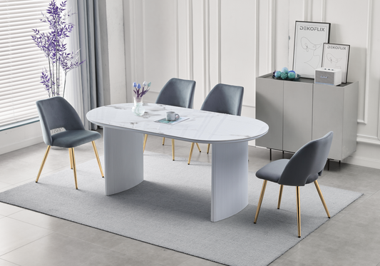 Ensemble table marbre beige et chaises dorés – Kara