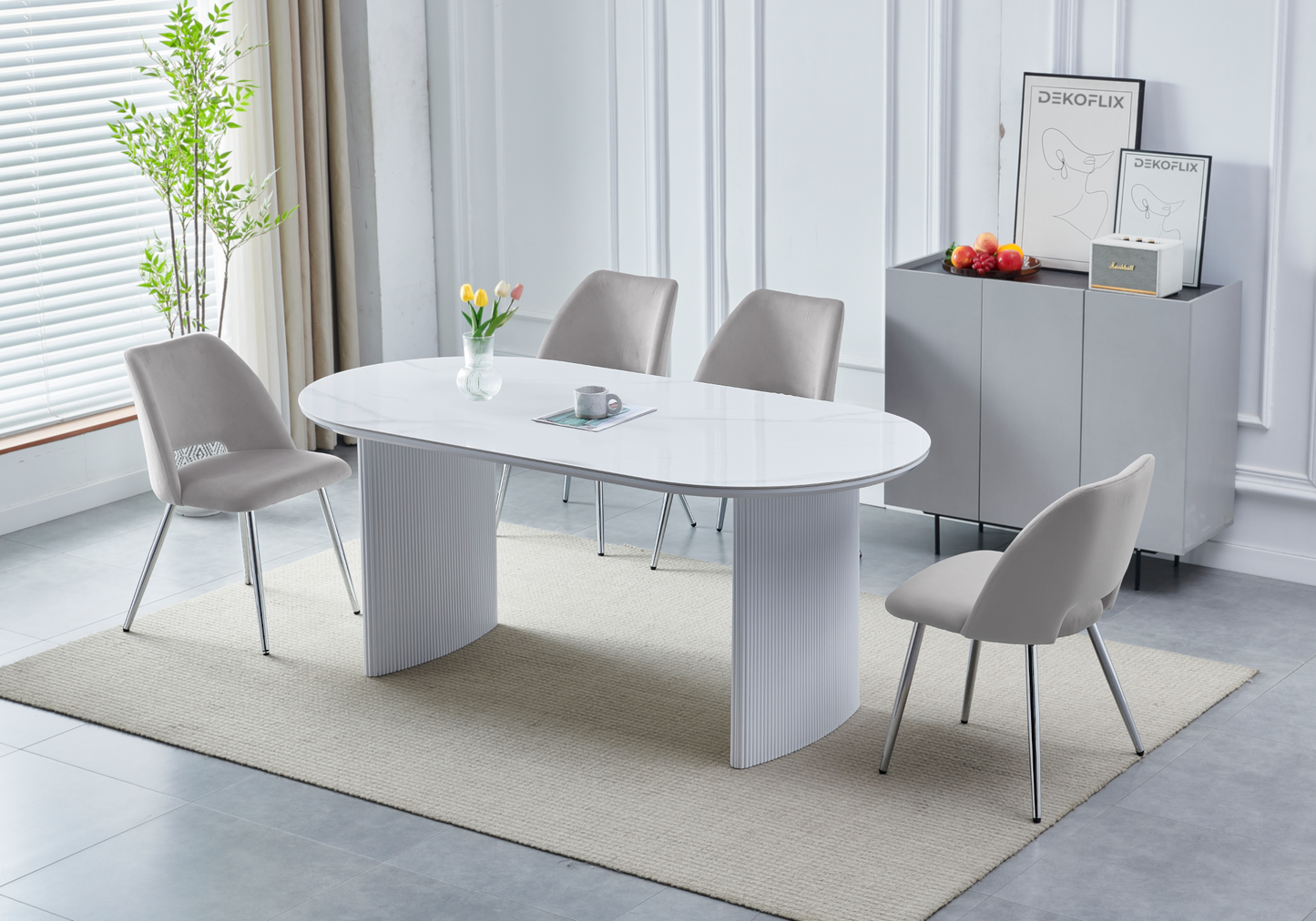 Table à manger ovale marbre blanc cannelé – Kara