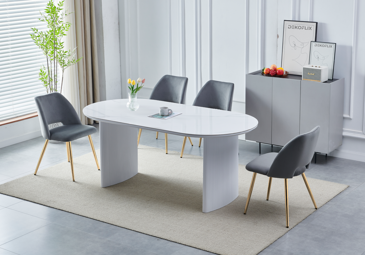 Table à manger ovale marbre blanc cannelé – Kara