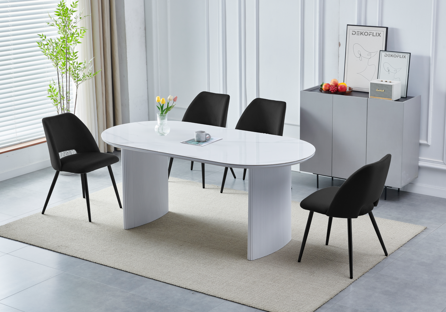 Table à manger ovale marbre blanc cannelé – Kara