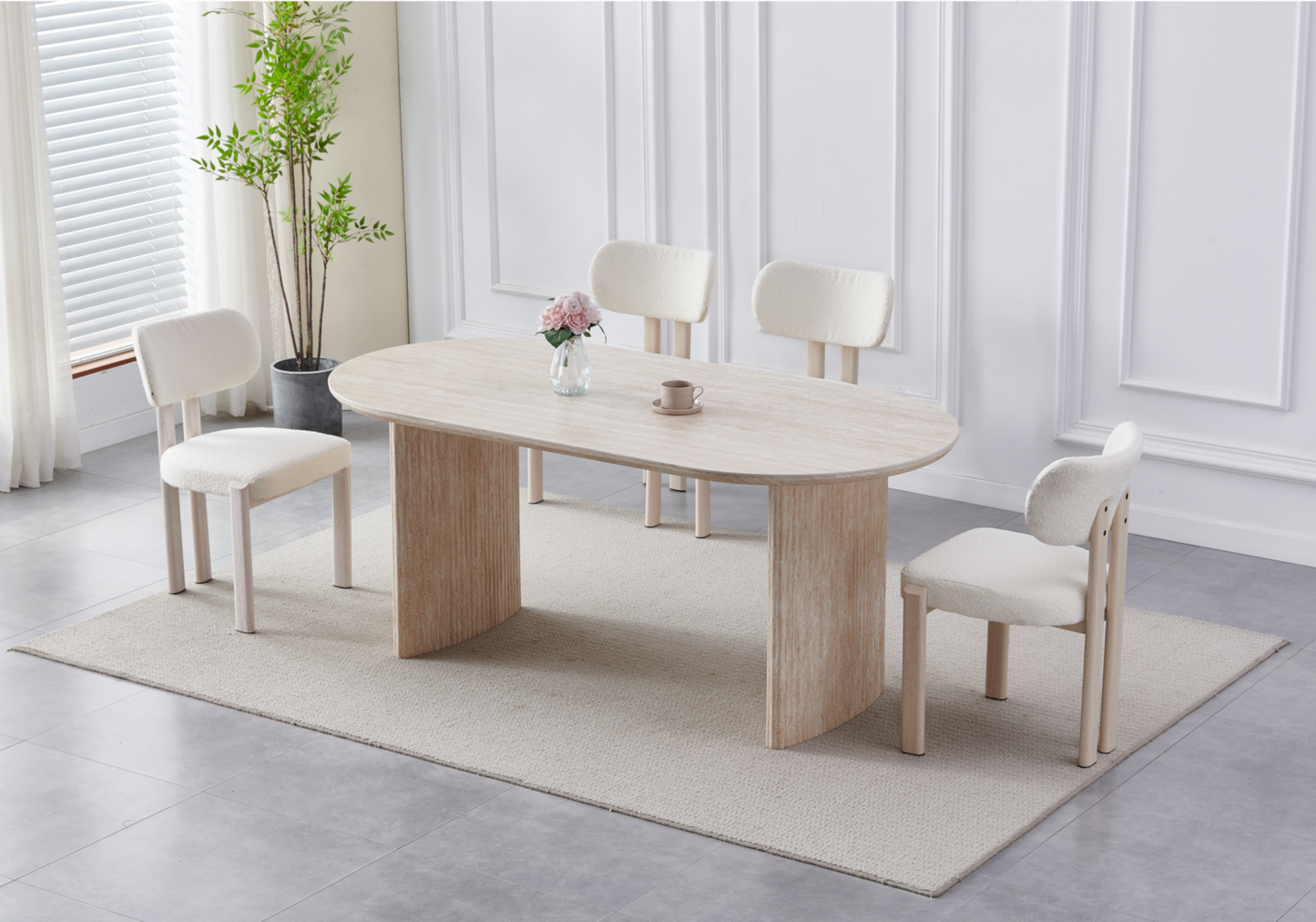 Ensemble table ovale travertin et chaises – Kara