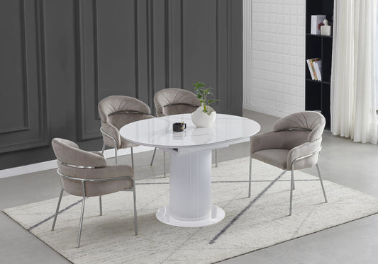 Ensemble table ronde marbre blanc et chaises taupe – LEON