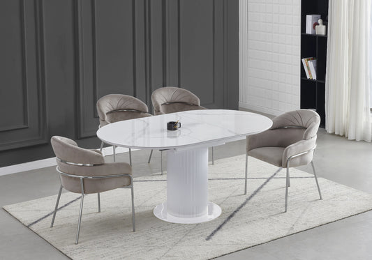 Ensemble table ronde marbre blanc et chaises taupe – LEON