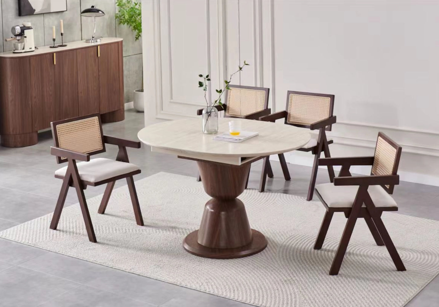 Ensemble table ronde extensible noyer travertin et chaises cannage - PIETRA