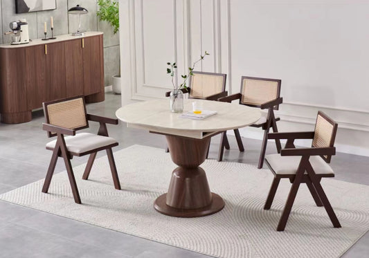 Ensemble table ronde extensible noyer travertin et chaises cannage - PIETRA