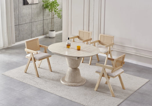 Ensemble table ronde extensible travertin et chaises cannage - PIETRA