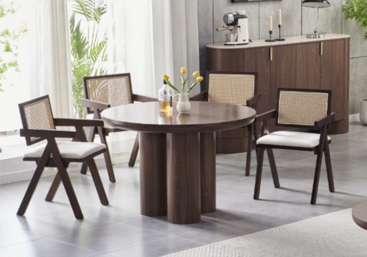 Ensemble table ronde noyer et chaises cannage - LUMIA