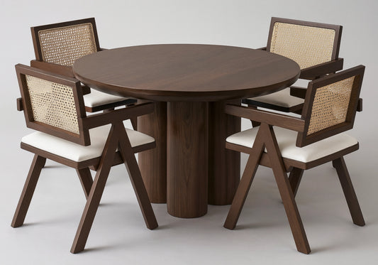 Ensemble table ronde noyer et chaises cannage - LUMIA