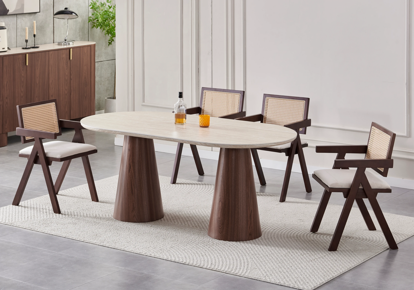 Ensemble table travertin et chaises noyer cannage - MONZA
