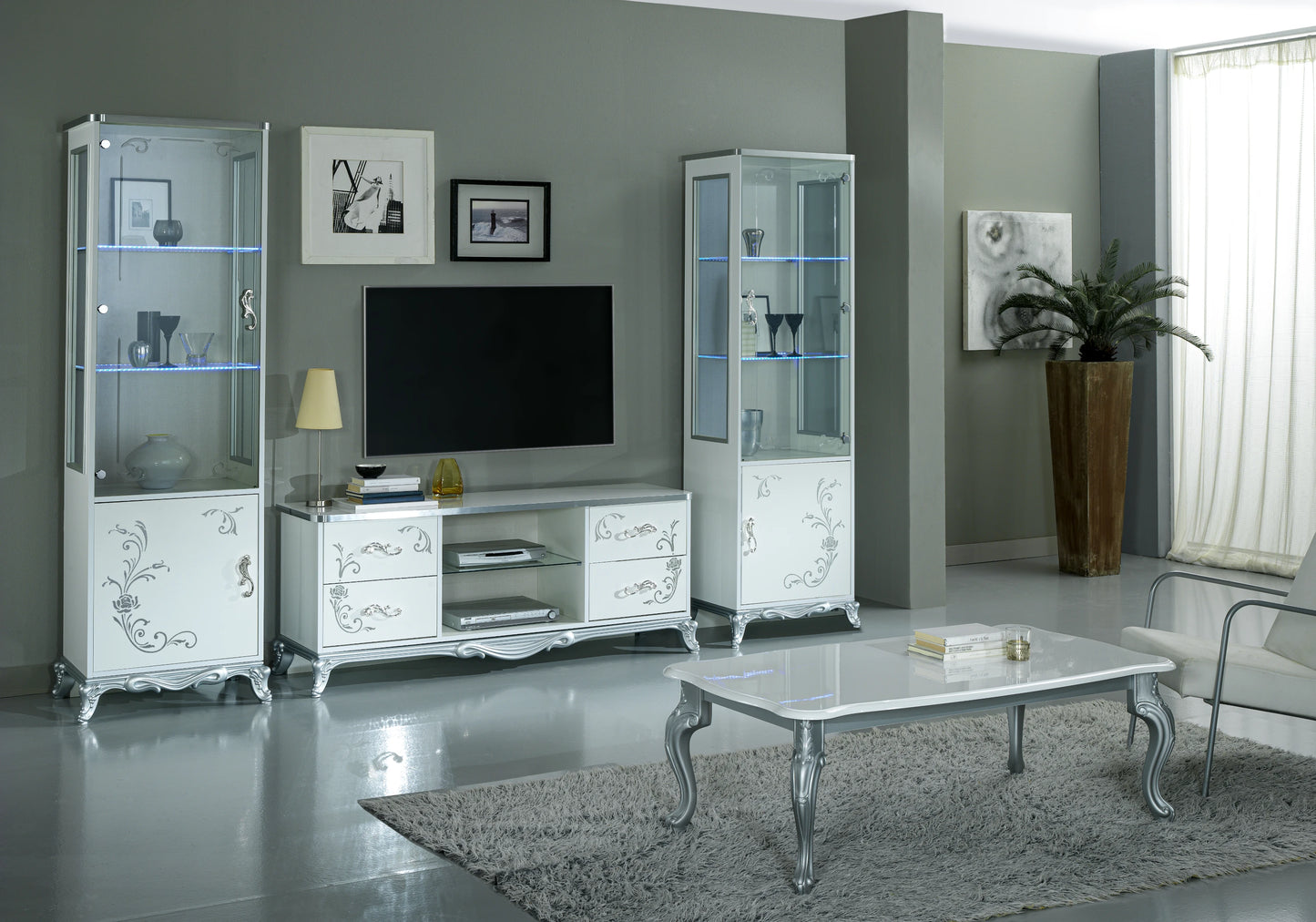 Ensemble meuble TV baroque blanc argent - LENA