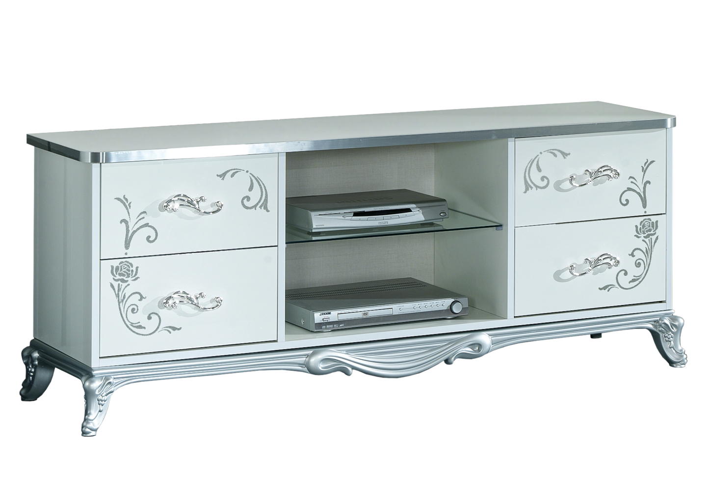 Ensemble meuble TV baroque blanc argent - LENA