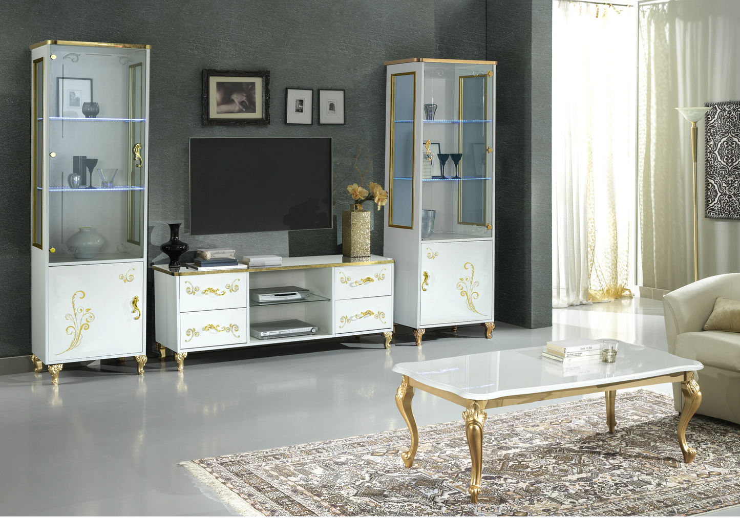 Ensemble meuble TV baroque blanc doré - ROSA