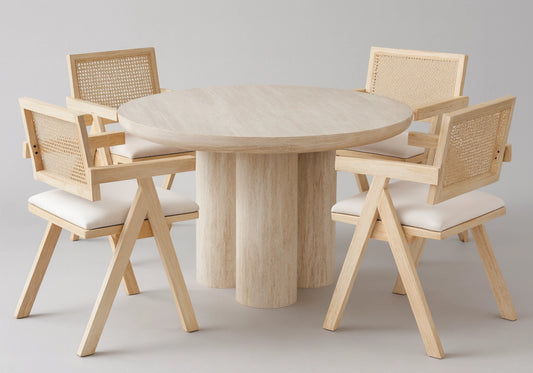 Ensemble table ronde travertin et chaises cannage - LUMIA