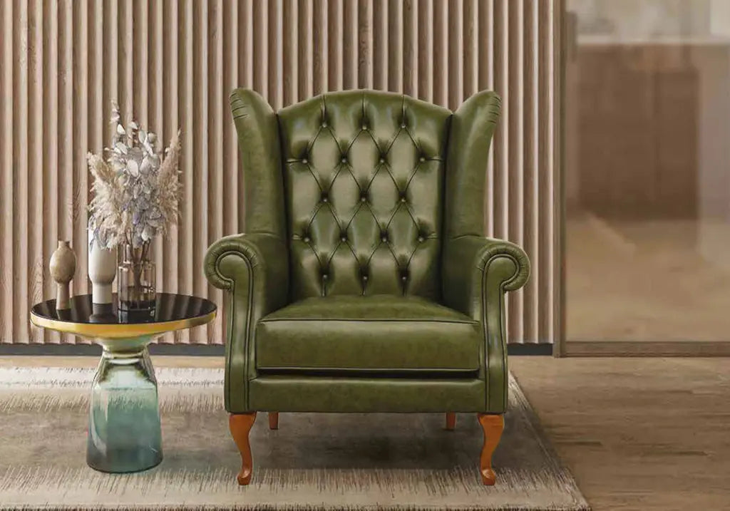 Fauteuil vintage cuir vert CHESTERFIELD Made in Italy