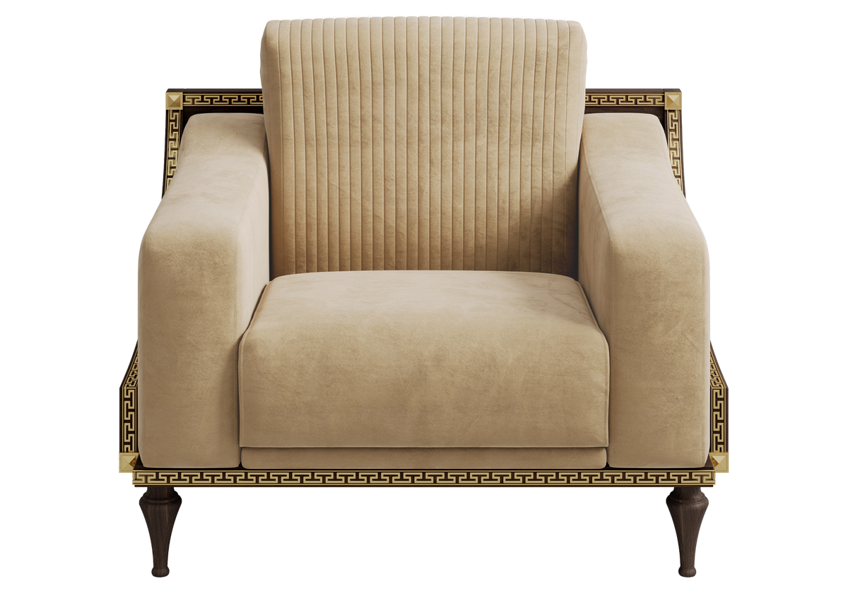 Fauteuil de salon en velours taupe noyer et or 24K - Romantica