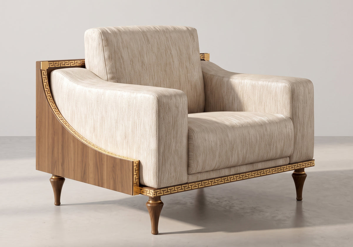 Fauteuil de salon en tissu beige noyer et or 24K - Romantica