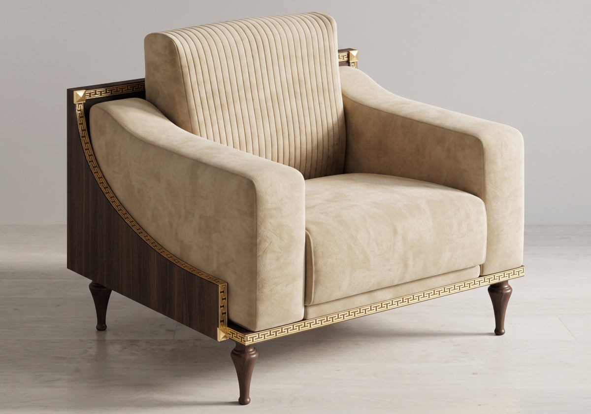Fauteuil de salon en velours taupe noyer et or 24K - Romantica