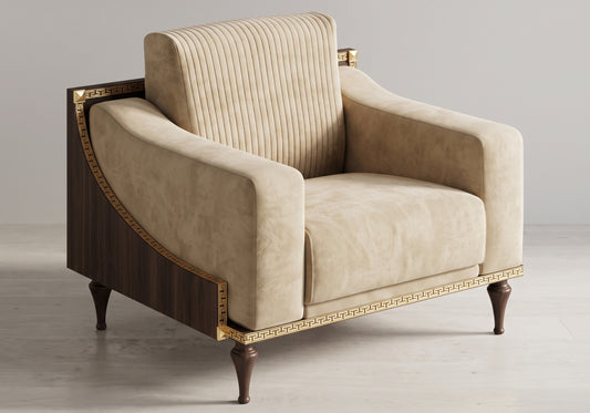 Fauteuil de salon en velours taupe noyer et or 24K - Romantica