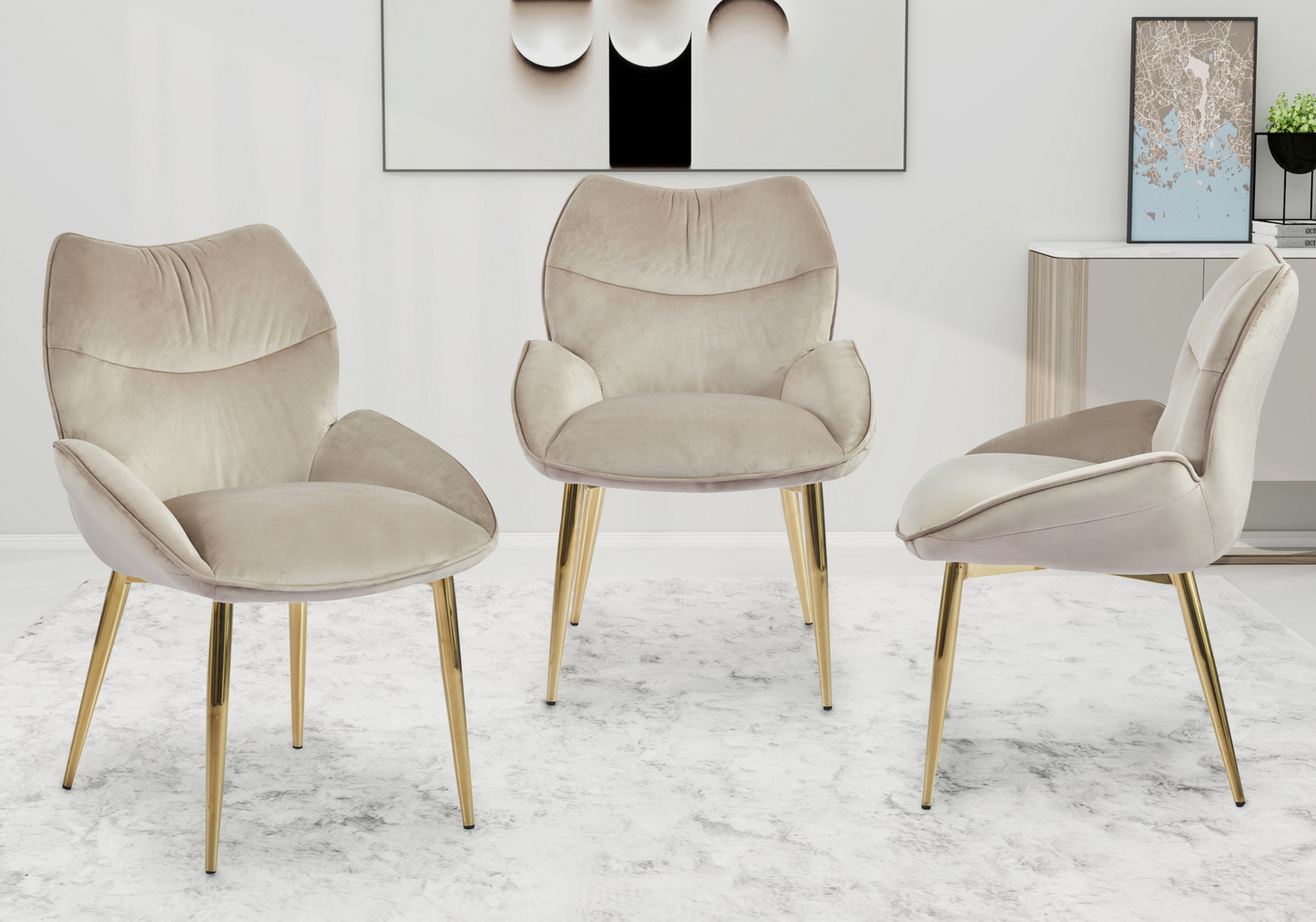 Fauteuil de table velours taupe pieds dorés - Lyon x2
