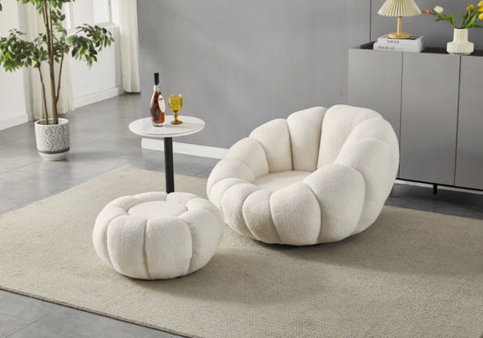 Fauteuil pivotant avec pouf en laine bouclée - COZY