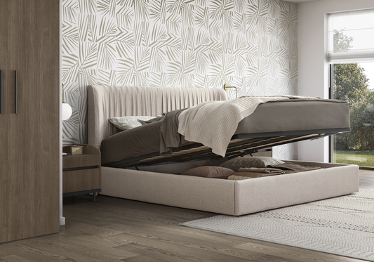 Lit coffre tissu beige moderne – Hexagon