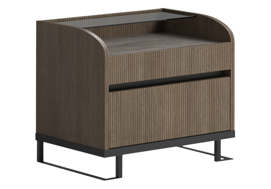 Table de nuit bois rainuré & marbre – Hexagon