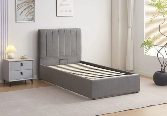 Lit coffre 90x190 velours gris avec sommier - Onora