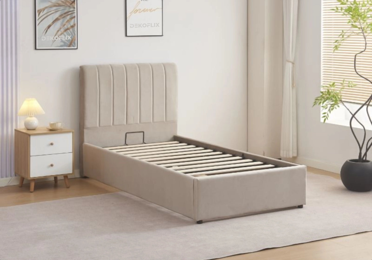 Lit coffre en velours taupe une place – ONORA