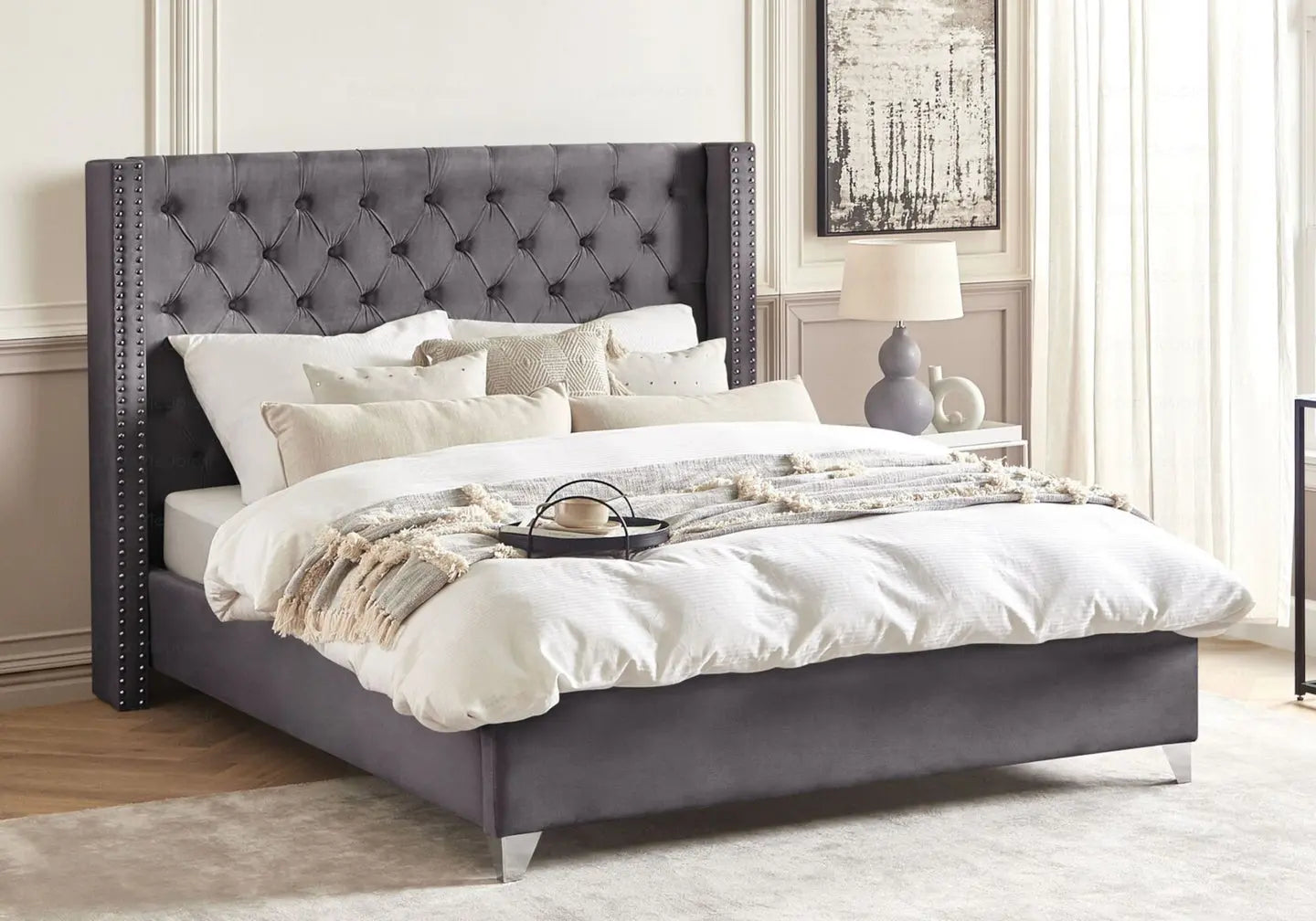 Lit king size velours gris capitonné CHESTER New Design