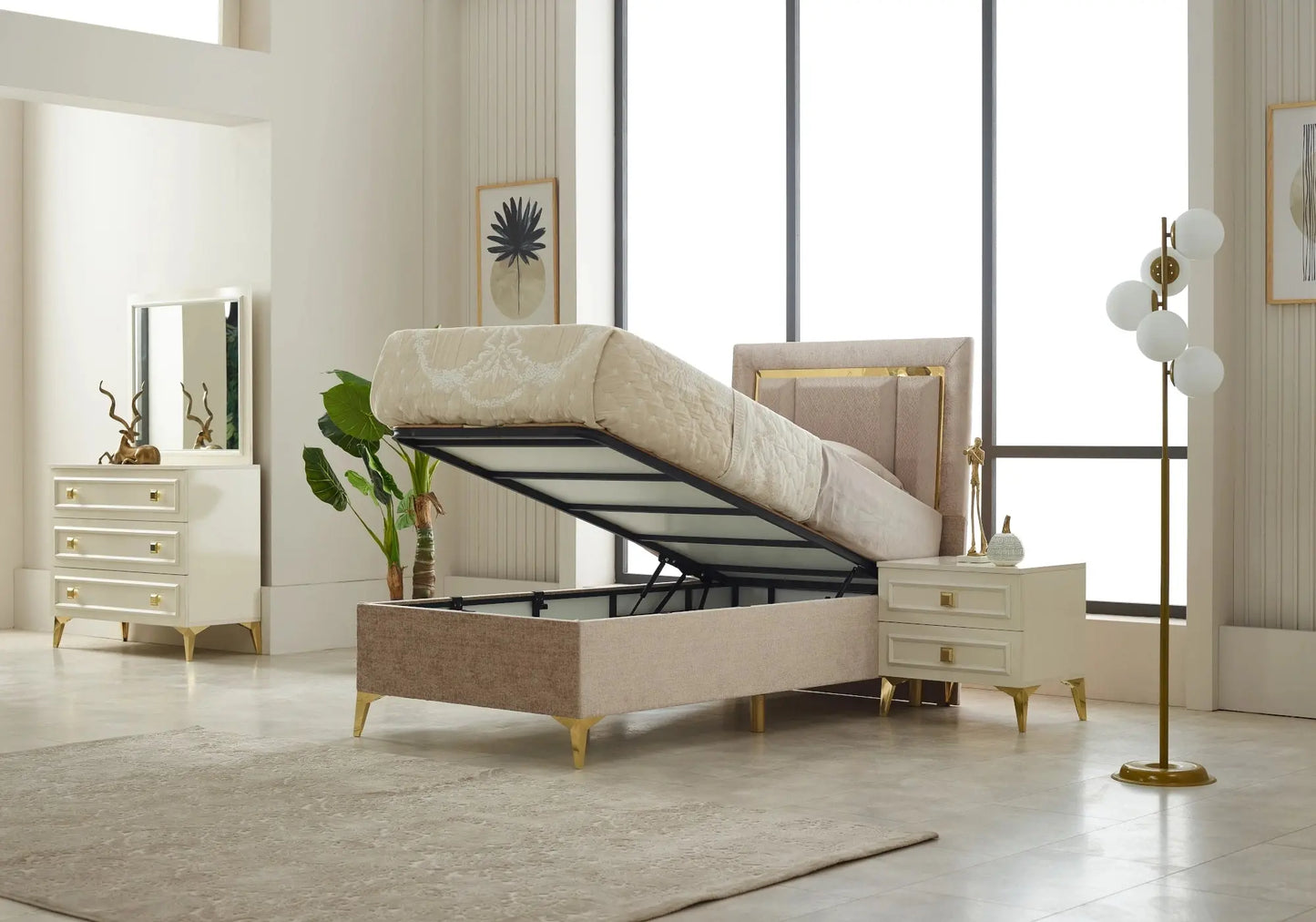 Lit simple coffre et matelas crème APEX Slims Mobilya