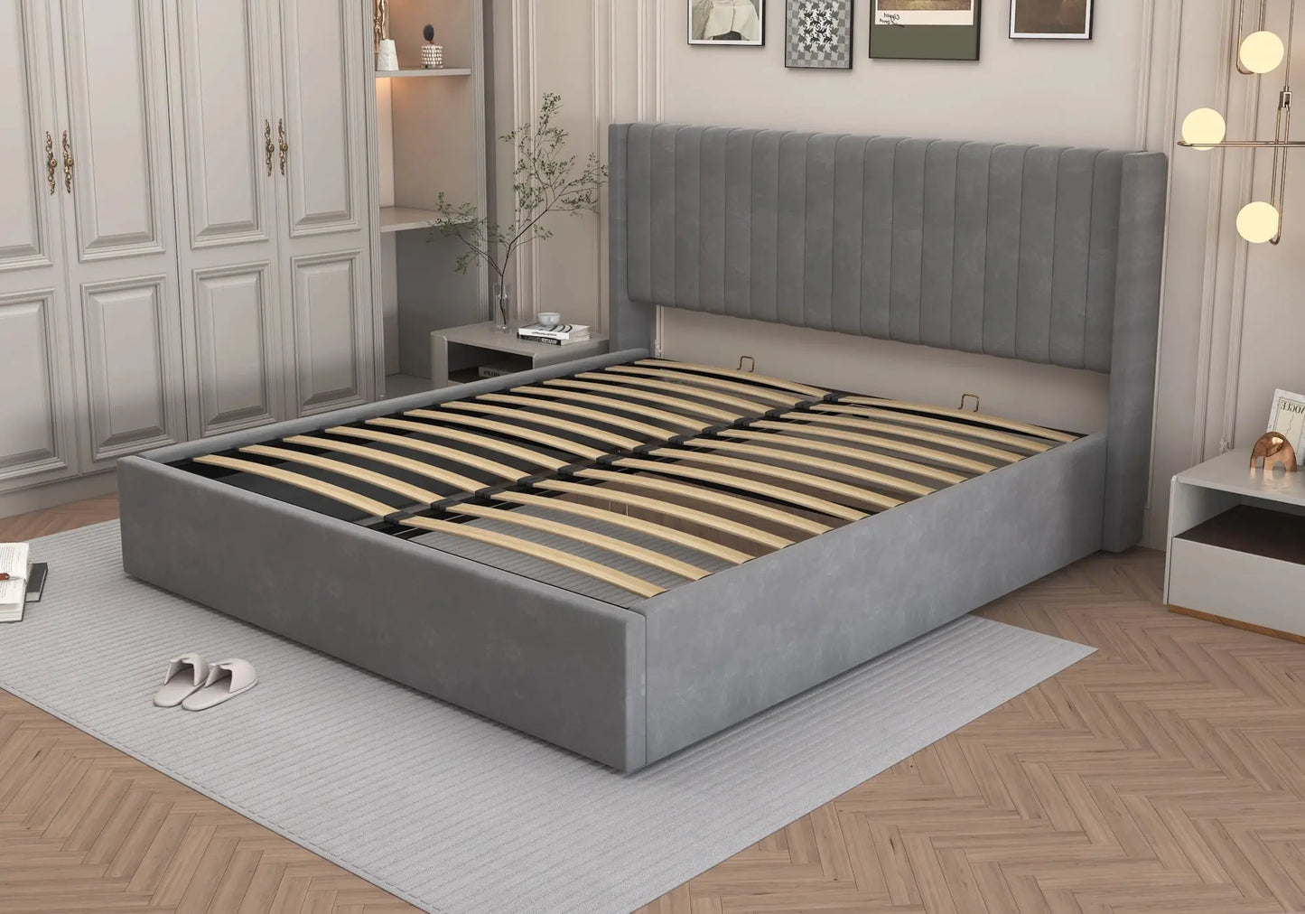 Lit velours coffre gris LOVA - Design moderne, confort et grand rangement