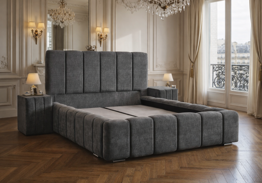 Lit capitonné coffre 160x200 bouclé gris - Cloud