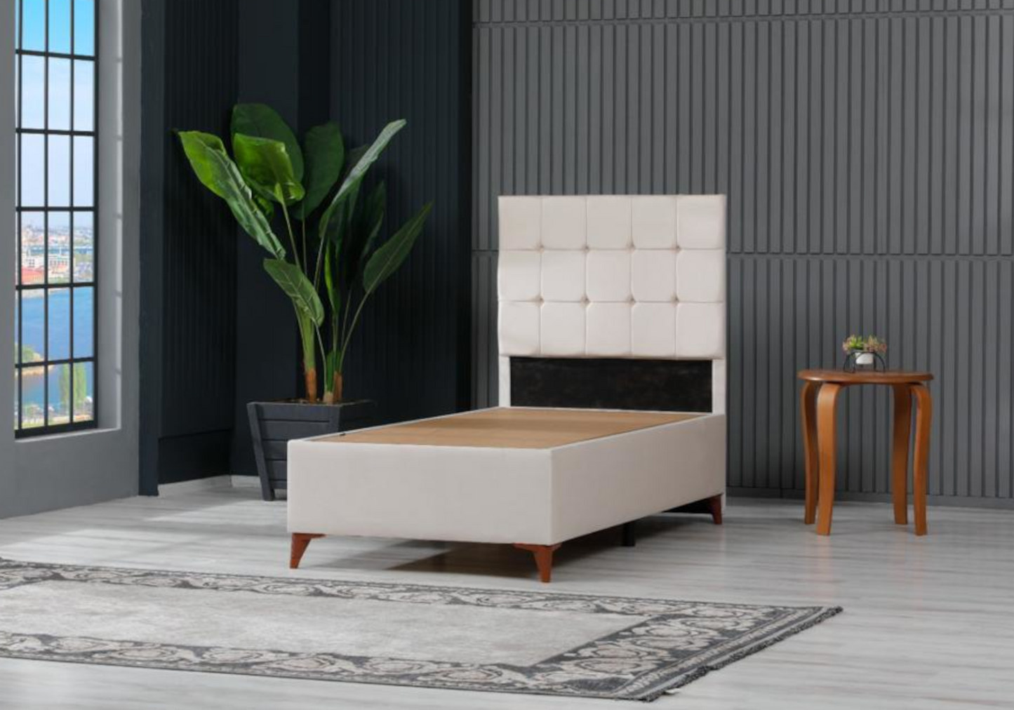 Lit coffre complet 1 place velours beige – Lore