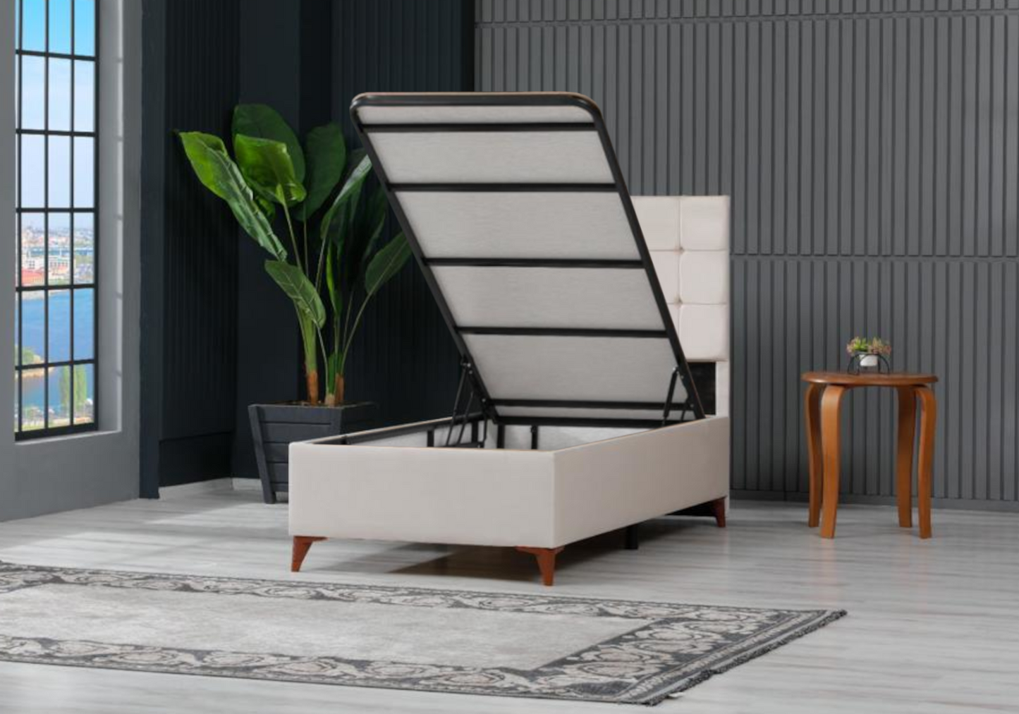 Lit coffre complet 1 place velours beige – Lore