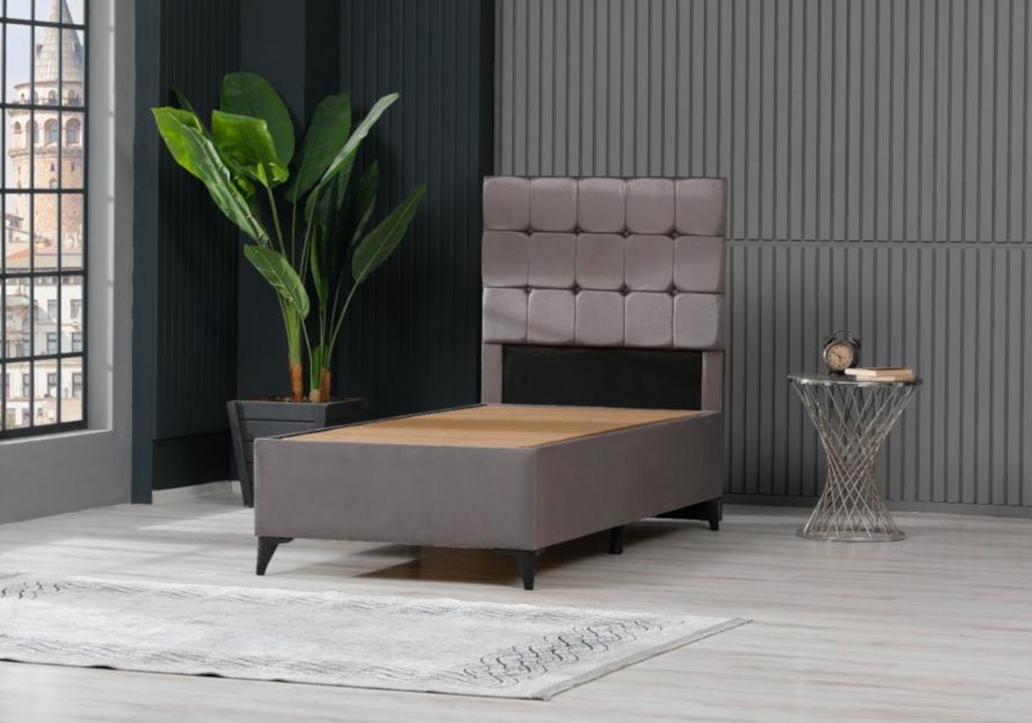 Lit coffre complet 1 place velours gris – Lore