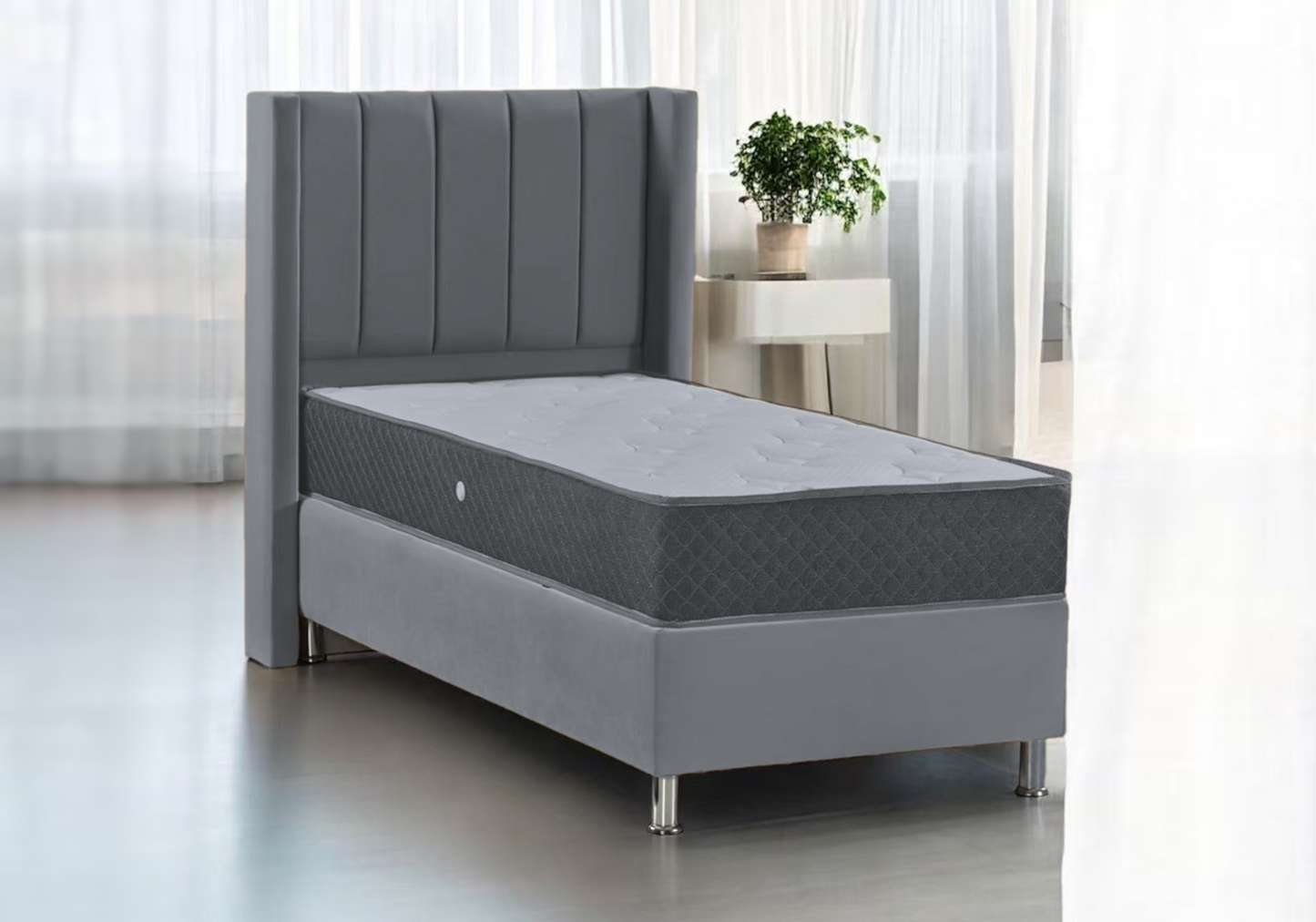 Lit coffre complet 1 place velours gris – Tokyo