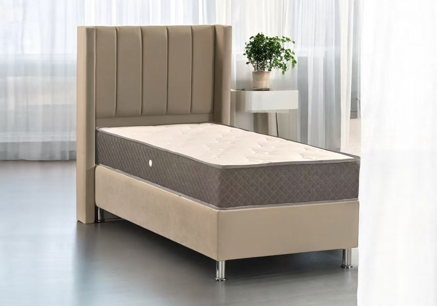 Lit coffre complet 1 place velours taupe – Tokyo