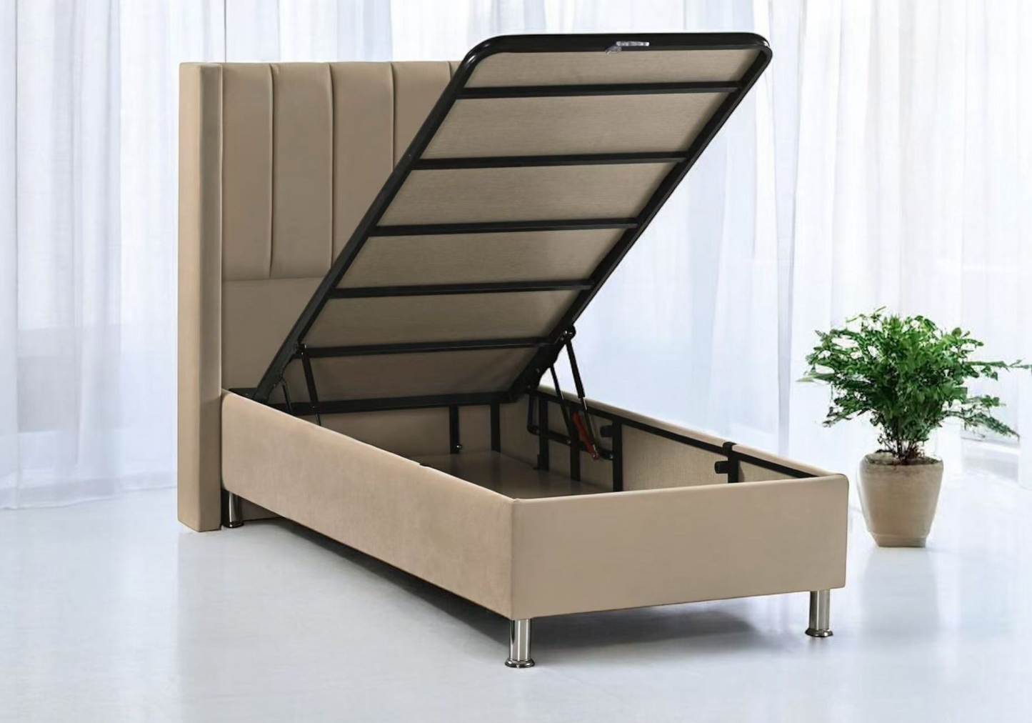 Lit coffre complet 1 place velours taupe – Tokyo