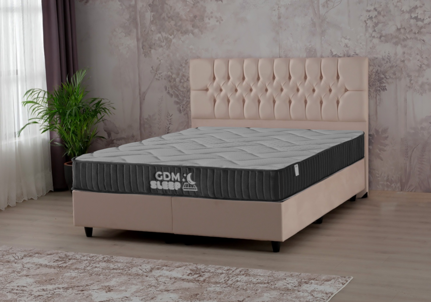 Lit coffre complet 2 places velours beige – Lore
