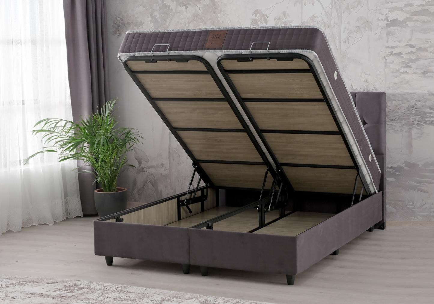 Lit coffre complet 2 places velours gris – Lore