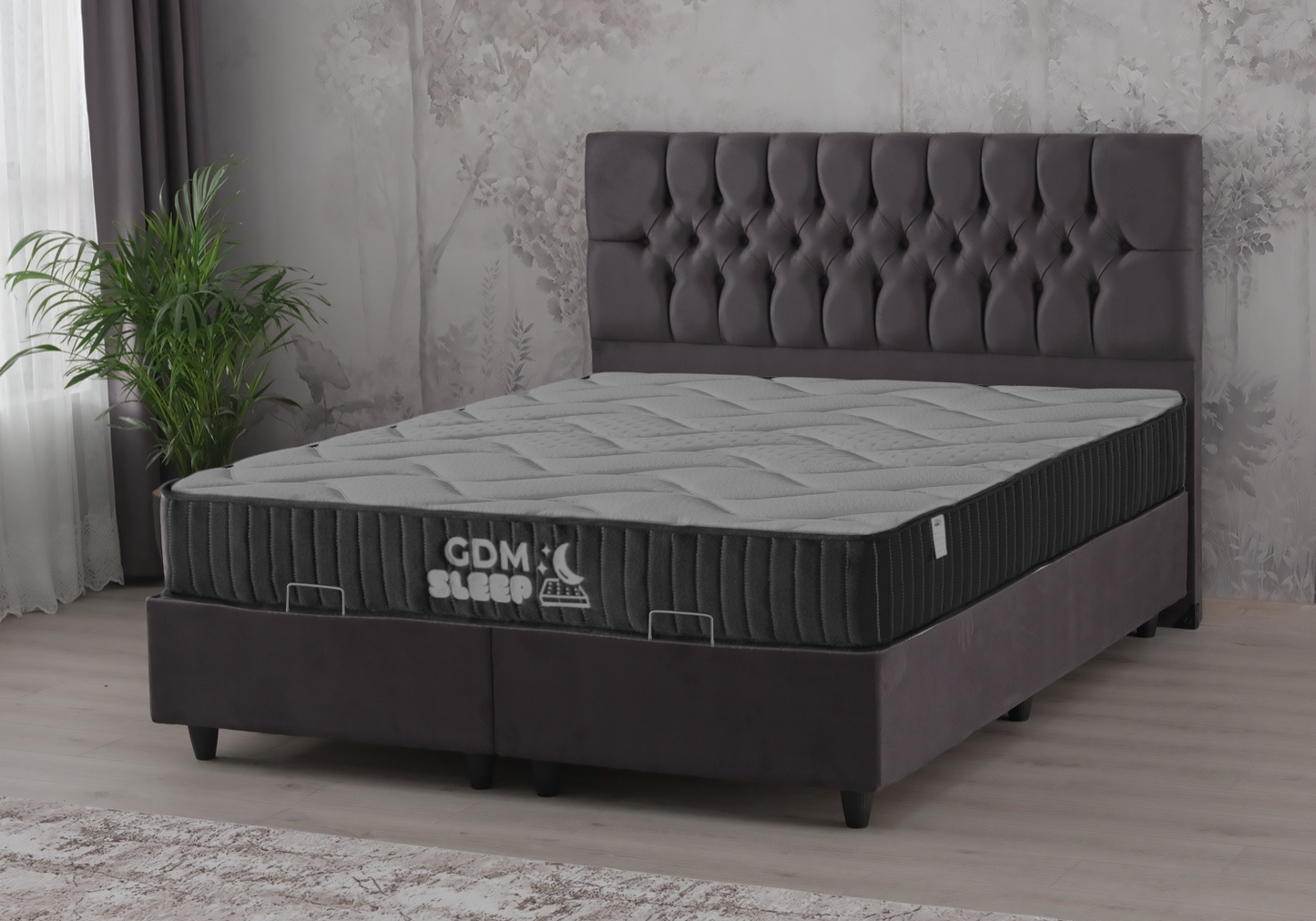 Lit coffre complet 2 places velours gris – Lore