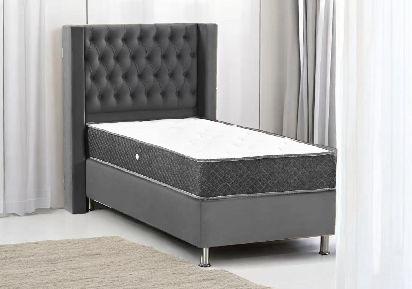 Lit coffre complet velours gris 90x190 – Kobe