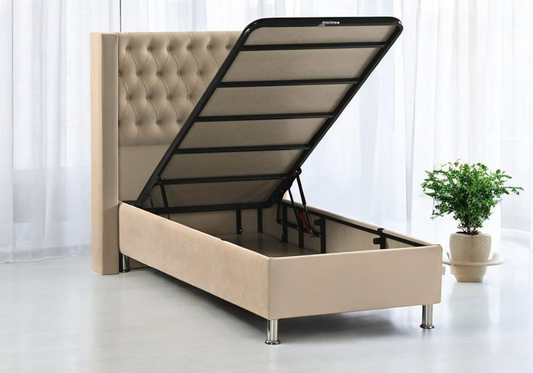Ensemble lit coffre taupe et matelas ressorts 90x190 - Kobe