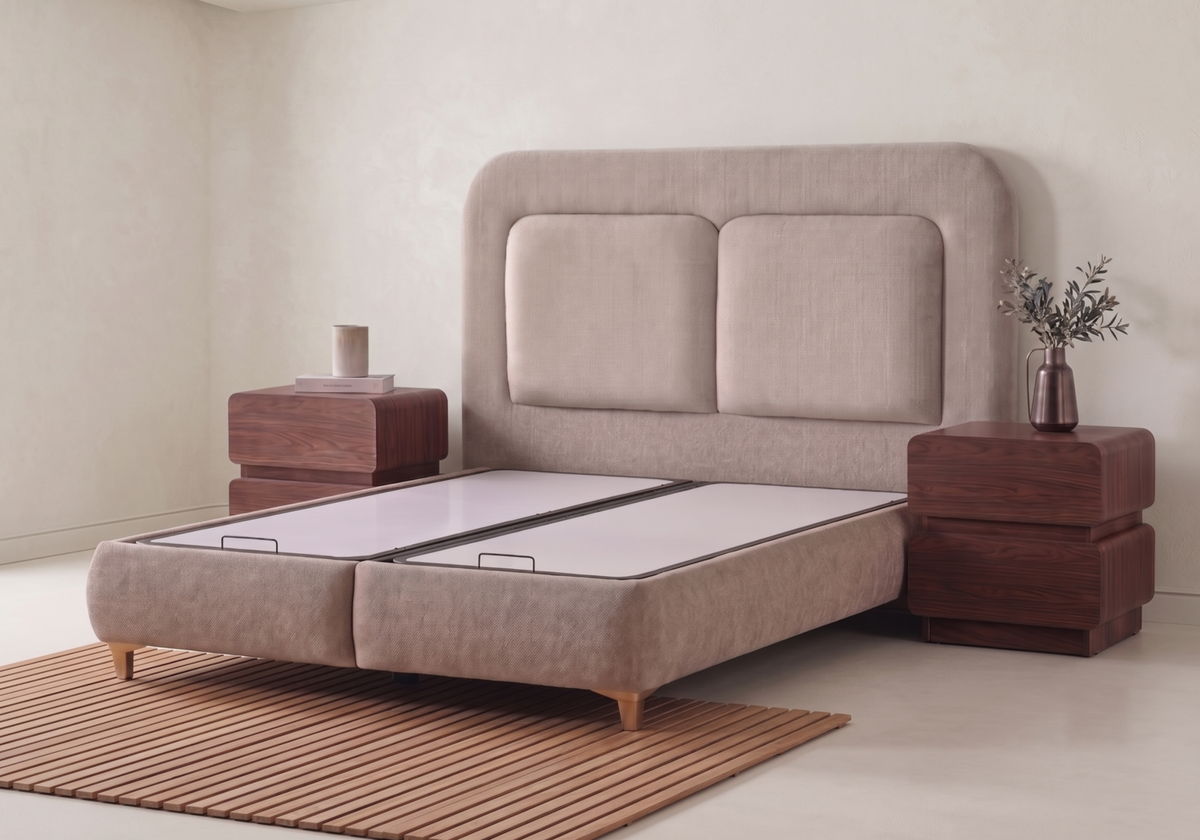 Lit coffre intégré tissu chenille taupe - Enzo