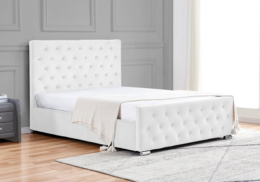 Lit double capitonné en velours blanc avec strass – ANIS