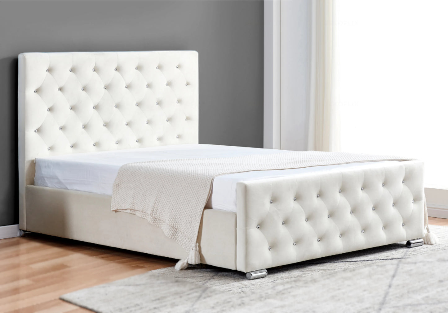Lit double capitonné en velours blanc avec strass – ANIS