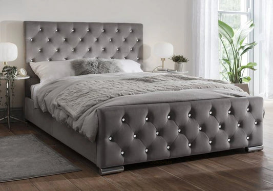Lit double capitonné en velours gris avec strass – ANIS