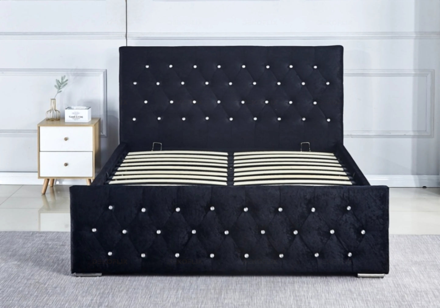 Lit double capitonné en velours noir avec strass - ANIS